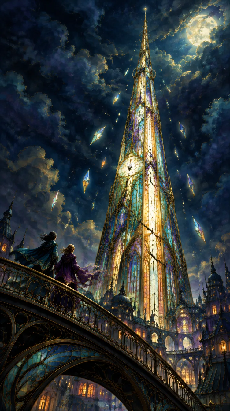 The Lantern Spire, menara kaca setinggi jarum yang menyala dari dalam di atas atap Lysenne. Dua anggota rombongan berdiri di jembatan besi di bawahnya.